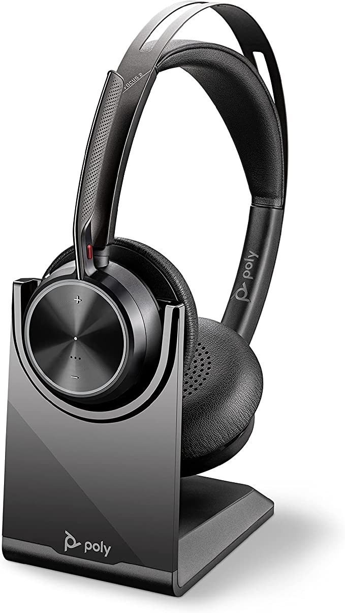 Poly Voyager Focus 2 UC Bluetooth Headset + Charging Cradle Plantronics, stereo headphones with boom microphone, USB-A for PC/Mac, active noise cancellation