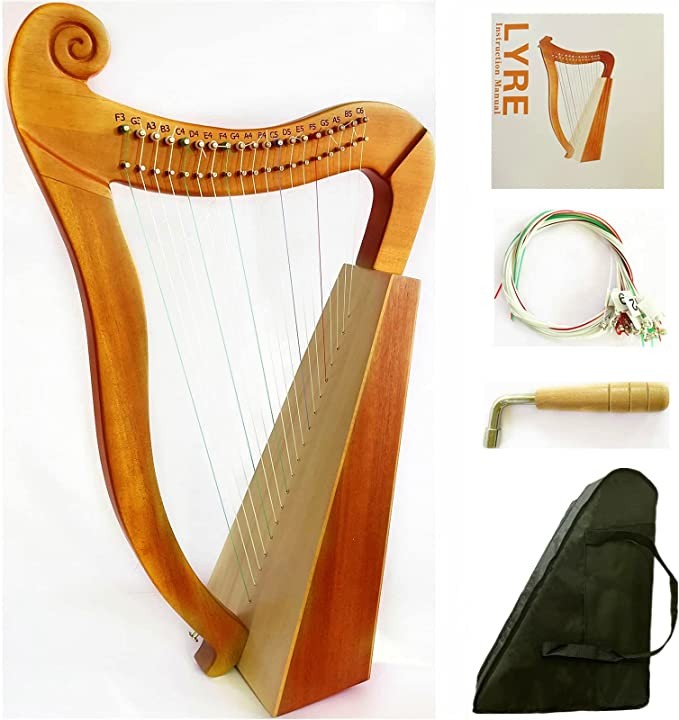 Harp, 19 string mahogany harp for adults and children beginners with piano bag tuning wrench black with replacement strings