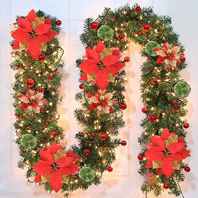 SHAVINGFUN Christmas garland,christmas garland with lights,2.7M/ 9FT Christmas Garland Decorations Illuminated with LED Lights,for Stairs Fireplaces Christmas Festive Wreath Xmas Decor